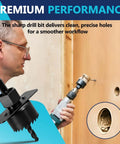 Front view of 18-piece wood hole saw kit with mandrels and drill bits beside a drill.