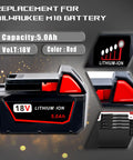 Heavy Duty 5000MAh Replacement Battery For Milwaukee M18 18V Cordless Power Tools Two Pack High Capacity Lithium Ion viewed from the side
