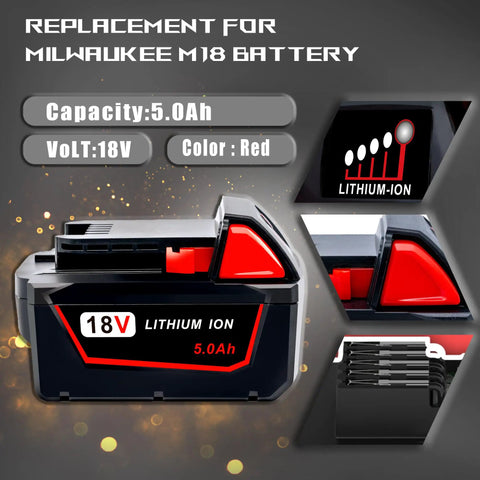 Heavy Duty 5000MAh Replacement Battery For Milwaukee M18 18V Cordless Power Tools Two Pack High Capacity Lithium Ion viewed from the side