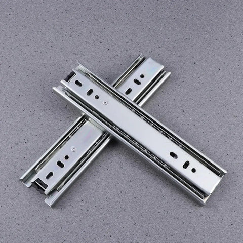 Two Pack Heavy Duty Steel Ball Bearing Drawer Slides With Buttery Smooth Gliding Action built for kitchen storage cabinets, silver steel finish.