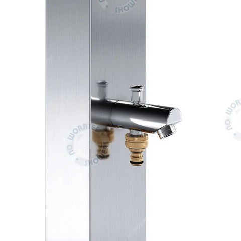 Marine Grade 316 Stainless Outdoor Shower Panel That Will Not Rust Built For Pools Backyards Beach Houses And Resorts Hot And Cold Water Connections Wall Mount Or Freestanding Installations UPC Registered