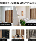 Brown Western Curtains Two Panel Set 42 Inch Wide by 63 Inch Long Dark Rustic Wood Grain Drape shown in bedroom and living room settings.