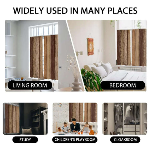 Brown Western Curtains Two Panel Set 42 Inch Wide by 63 Inch Long Dark Rustic Wood Grain Drape shown in bedroom and living room settings.