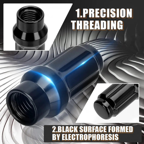 Close-up of 12x1.5 Lug Nuts 6 Spline Extended ET Closed End 24 Pc Set M12x1.5 with precision threading and black electrophoresis.