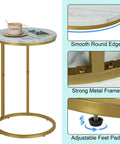 Marble Top C Shaped End Table With Gold Metal Frame, compact design, smooth edges, adjustable pads, under couch placement