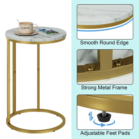 Marble Top C Shaped End Table With Gold Metal Frame, compact design, smooth edges, adjustable pads, under couch placement