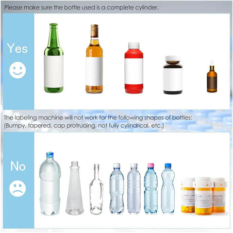 Smooth Operator Semi Automatic Round Bottle Labeler image showing suitable and unsuitable bottle shapes for labeling.