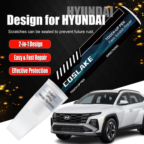 Hyundai Serenity White Pearl W6H Touch Up Paint Kit With 2 In 1 Scratch Remover Pen for Hyundai models, shown with car