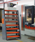 Beefy Heavy Duty Tool Holder Rack For Machining Shops And Garages With Eight Row CAT40 Organizer And Parts Box All Steel Construction For High Capacity CNC Tool Storage near CNC machine