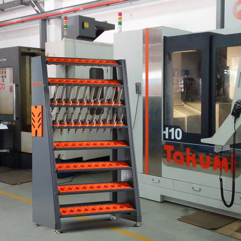 Beefy Heavy Duty Tool Holder Rack For Machining Shops And Garages With Eight Row CAT40 Organizer And Parts Box All Steel Construction For High Capacity CNC Tool Storage near CNC machine