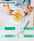 Smart Food Scale With Nutritional Calculator And App For Macro Tracking And Calorie Counting, 22 Lb Digital Kitchen Scale, USB Rechargeable, Keto Friendly, Grams And Ounces, 0.1 Oz And 0.5 G Precision, White, showing user cracking eggs.