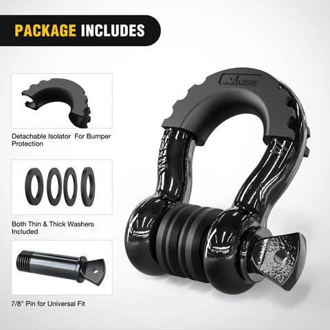 2 Pack 3/4 Inch D Ring Shackle Heavy Duty Off Road Recovery Shackles 4.75 Ton 9500 Lbs Capacity With 7/8 Inch Screw Pin Isolators And Washer Kit For Jeep Truck Vehicle Black, shown with pin and washers