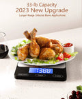Ultra Precise 33Lb Digital Kitchen Scale With Ounces And Grams displaying 13.8oz plate of chicken, USB-C, black, meal prep accuracy.
