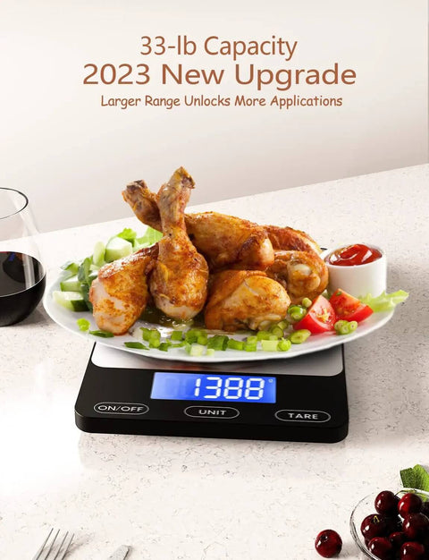 Ultra Precise 33Lb Digital Kitchen Scale With Ounces And Grams displaying 13.8oz plate of chicken, USB-C, black, meal prep accuracy.