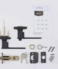 Contemporary Matte Black Entry Door Lever With No Fuss Easy Installation, parts laid out including lock and screws