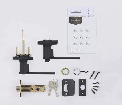 Contemporary Matte Black Entry Door Lever With No Fuss Easy Installation, parts laid out including lock and screws