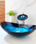 Blue 21 Inch Oval Glass Vessel Sink With Faucet And Pop Up Drain Above Counter Modern Bathroom Vanity Setup Tempered Hand Painted Glass Artistic Yet Slick