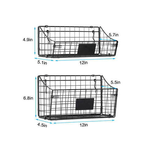 Pegboard Baskets And Bins 4 Pack With 5 S Hooks Wall Mount Storage Bins With Name Plate For Garage Workshop Craft Room Laundry Room Metal Wire Organizer For Tools And Accessories shown in two different sizes, dimensions labeled for each.