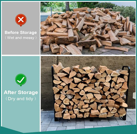 Heavy Duty 4 Foot Firewood Rack For Indoor And Outdoor Use, Adjustable Fireplace Wood Holder, large log storage before and after
