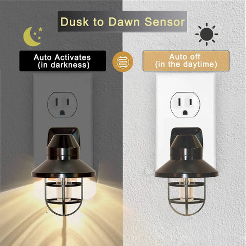 Six Pack Rustic Farmhouse Night Lights Plug In Dusk To Dawn 2700K Warm White With Vintage Black Cage, dual mode shown