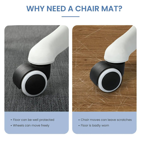 Comparison of chair wheels on hardwood floor with and without a Chair Mat For Hardwood Floors 36 By 48 Inches Heavy Duty Office Chair Mat
