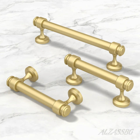 Real Deal 5 Inch Brushed Gold Cabinet Pulls And 10 Pack Drawer Handles For Kitchen Refresh Solid Metal Cupboard Knobs, three angles showcasing brushed gold design.