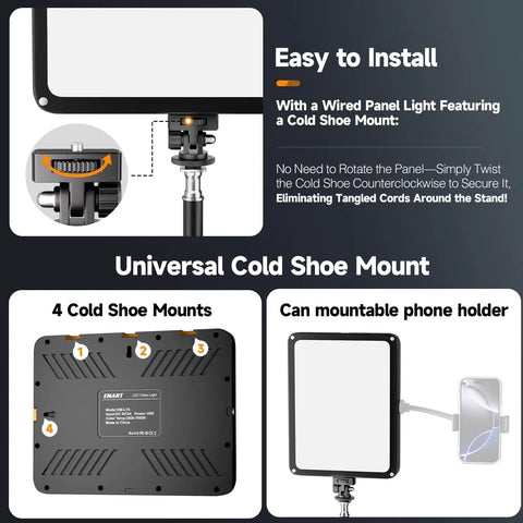 LED Video Light Kit With Phone Holder And Barndoor, 2800K To 7000K Dimmable Studio Lights showing cold shoe mount and phone holder