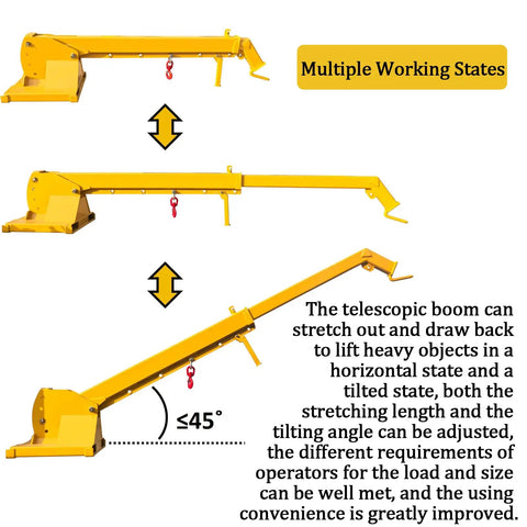 Heavy Duty Forklift Telescopic Boom With Adjustable Tilt And 6600 LBS Rock Solid Mobile Crane Kit in multiple working states.