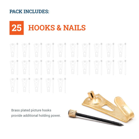 Heavy Duty Picture Hangers For Drywall And Plaster 30 Pound Capacity 25 Pack Frame Hanging Hardware brass hook and nail