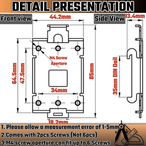 Diagram showing dimensions of 35Mm DIN Rail Mount Kit with clamp and screws for solid state relays installation.