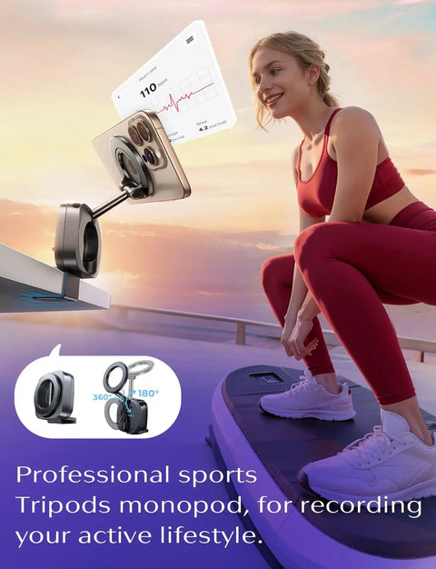 Woman exercising with MagSafe Phone Holder For Air Travel Compact Travel Gadget For iPhone 12 13 14 15 16 attached to treadmill