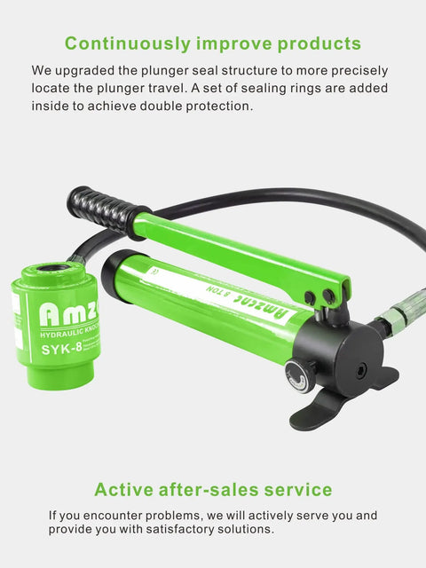 Green 8 Ton Hydraulic Knockout Punch Tool Kit With 6 Dies One Half Inch To Two Inch For Steel Up To One Eighth Inch And Stainless Up To One Sixteenth Inch shown.