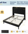 Straight Up Comfortable Full Bed Frame With Built In Charging Station And Storage Shelf Sleek Black Velvet Wingback Headboard Heavy Duty Wood Slats Easy Peasy Assembly showing dimensions and charging features.