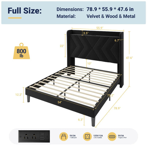 Straight Up Comfortable Full Bed Frame With Built In Charging Station And Storage Shelf Sleek Black Velvet Wingback Headboard Heavy Duty Wood Slats Easy Peasy Assembly showing dimensions and charging features.