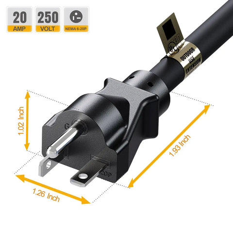 Close-up of 10-Foot NEMA 6-20P Extension Cord 20A 250V 12 AWG Heavy Duty With Red Indicator Light For Air Conditioners connector