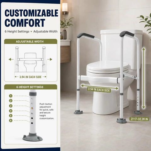Rock Solid Toilet Safety Rail For Seniors With Heavy Duty Adjustable Steel Frame And A Darn Sure 330 Pound Capacity For Easy Bathroom Transfers And Dependable Home Support. Adjustable width and height settings.
