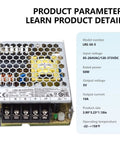 Heavy Duty Industrial Power Supply Serving Smooth Five Volt Ten Amp Dc Juice For Automation Led Arrays And Telecom Racks With Universal Vac Input Built Like A Tank For Non Stop Factory Shifts, showing top view with specifications.