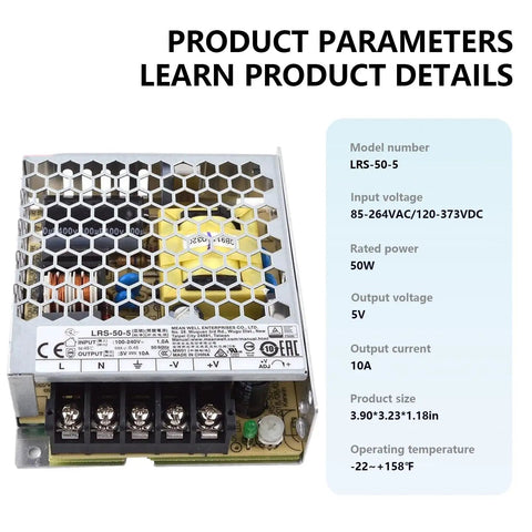 Heavy Duty Industrial Power Supply Serving Smooth Five Volt Ten Amp Dc Juice For Automation Led Arrays And Telecom Racks With Universal Vac Input Built Like A Tank For Non Stop Factory Shifts, showing top view with specifications.