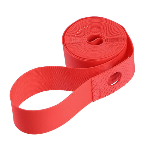 Red PVC Rim Tape For 700C 27 Inch Bike Wheels, rolled view, showing texture and design for rim liner strip protection.