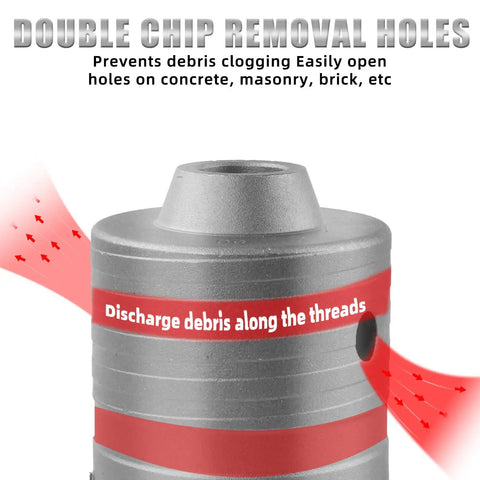 Built To Last Heavy Duty Concrete Hole Saw Kit With Five Diameters 30mm 40mm 65mm 80mm 100mm Includes 2 Drill Bits And SDS Plus Max Shanks For Masonry Walls Concrete Brick Stone Drilling showing chip removal holes feature