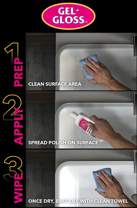 Real Deal Carnauba Wax Kitchen And Bath Polish Removes Scratches Stains Water Spots Protects Fiberglass Marble Acrylic Ceramic Chrome Stainless Steel 16 Oz Jar, step-by-step application instructions on a surface.