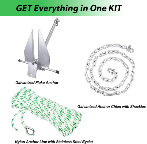 Fluke Anchor Kit With Chain And Rope For Boats Pontoon Deck Fishing And Sail 8 Lb Set Includes 75 Foot Nylon Rope With Marine Grade Stainless Steel Thimble 6.5 Feet Of 1/4 Inch Galvanized Chain And Two 5/16 Inch Shackles.