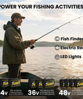 Man fishing on a lake with 12V 100Ah LiFePO4 battery for trolling motors, marine use, Group 31, durable up to 15000 cycles.