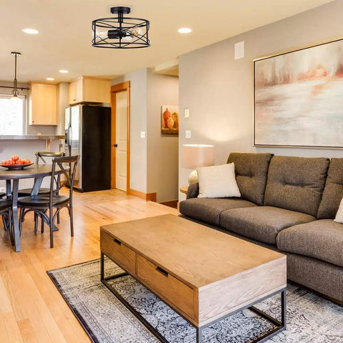 Living room with Dope 3 Light Semi Flush Mount Ceiling Light Industrial Black Metal Farmhouse Style Fixture