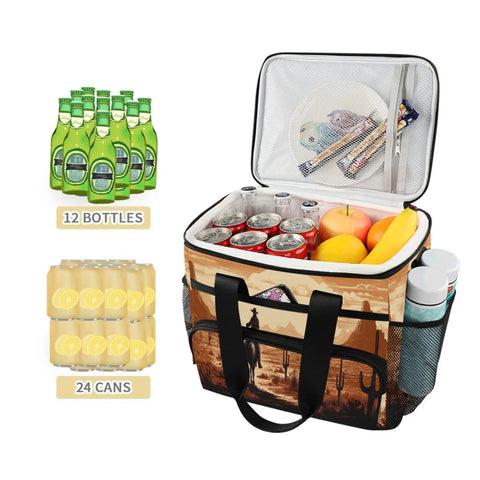 Cowboy Western Desert Insulated Lunch Bag with drinks, snacks, and fruits, showing 15L capacity and mesh pockets.