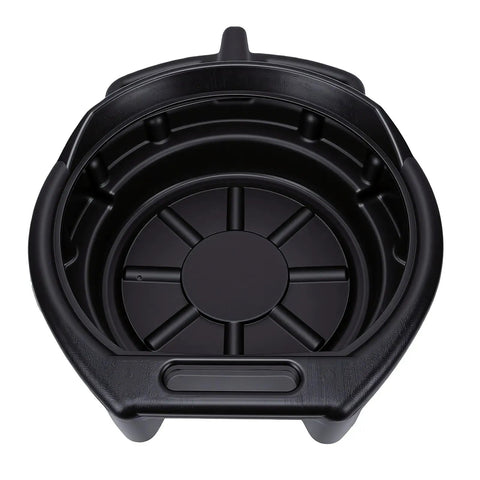 Heavy Duty 15L Oil Drain Pan With Anti Splash Spout For Car And Motorcycle Oil Changes Super Tough Plastic Resists Heat And Cracks, top view.