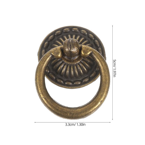 Close-up of vintage ring pull handle with antique bronze finish, part of 8 pack for cabinets, drawers, dressers, durable metal.