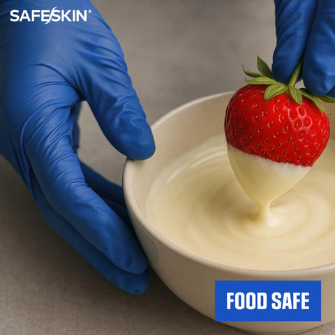 SAFESKIN blue nitrile disposable gloves, large, 2.0 mil, powder-free; gloved hand dipping strawberry into cream.