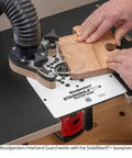 USA Made Portable Benchtop Router Table With Straight Up Precision Fence, featuring a wood piece secured for precise routing.
