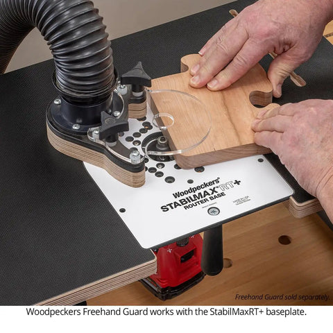 USA Made Portable Benchtop Router Table With Straight Up Precision Fence, featuring a wood piece secured for precise routing.